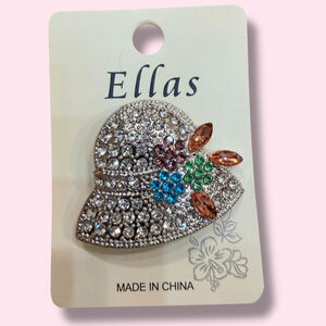 Ellas Sparkly Rhinestone Hat Brooch Pin Floral Accent Silver Tone New